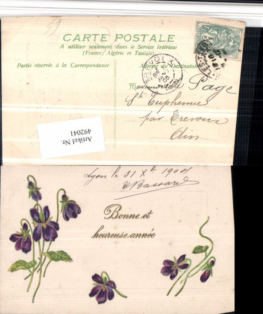 492041, embossing artist lithograph Bonne heureuse anee violets flowers