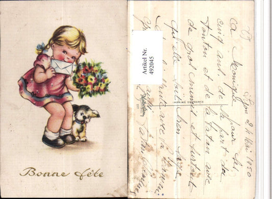492045, Artist AK Bonne Fete Girl Letter Dog Bouquet