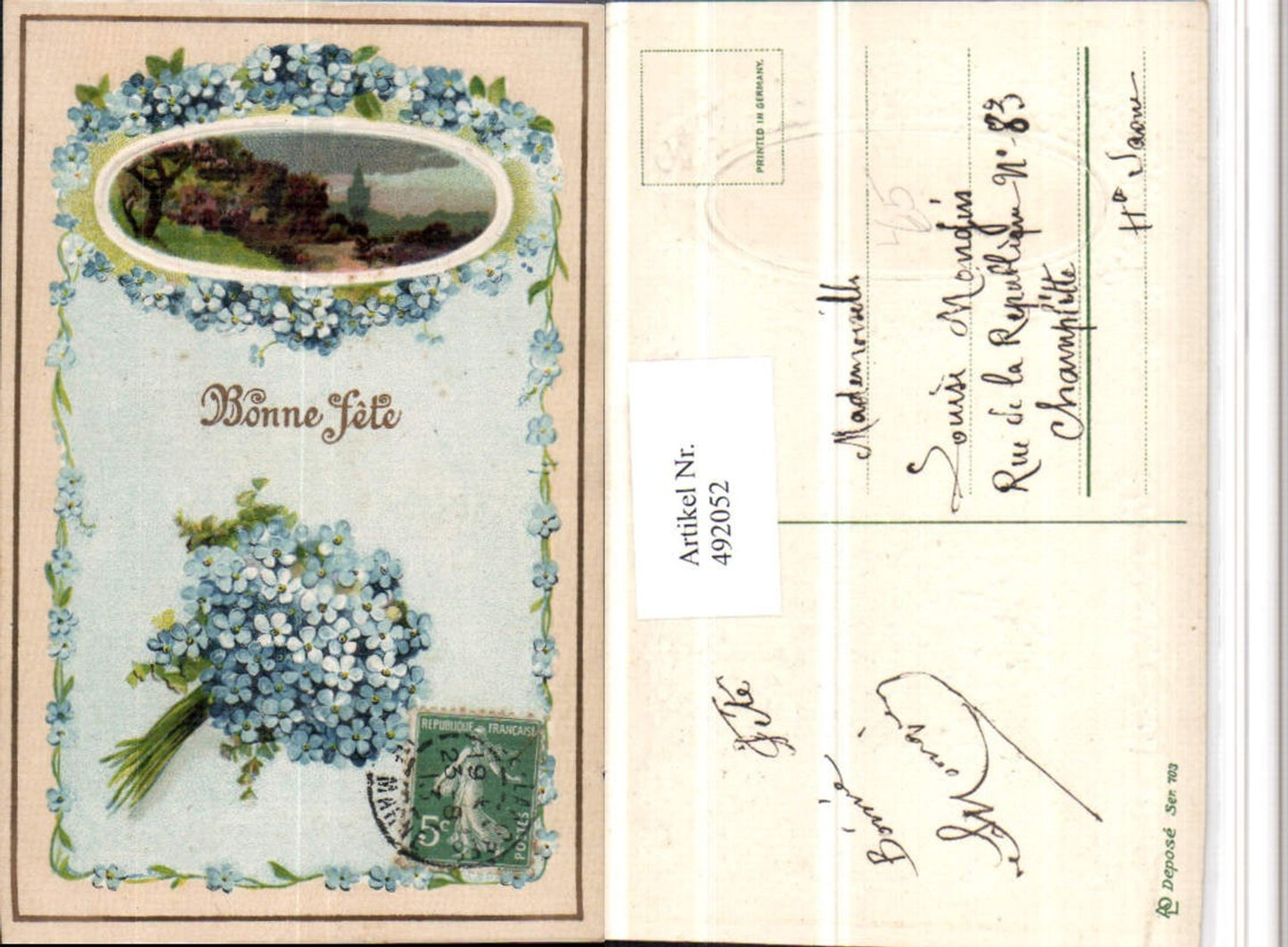 492052,Präge Künstler Litho Bonne Fete Landschaft Vergissmeinnicht Blumen