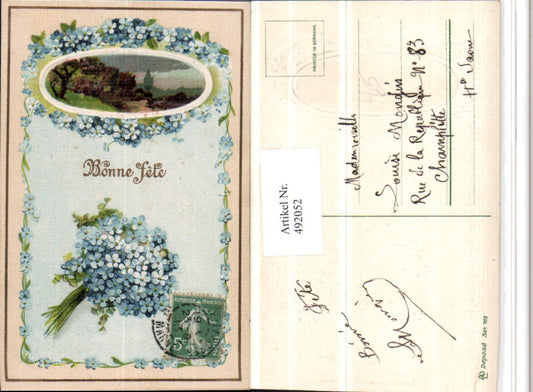 492052,Präge Künstler Litho Bonne Fete Landschaft Vergissmeinnicht Blumen