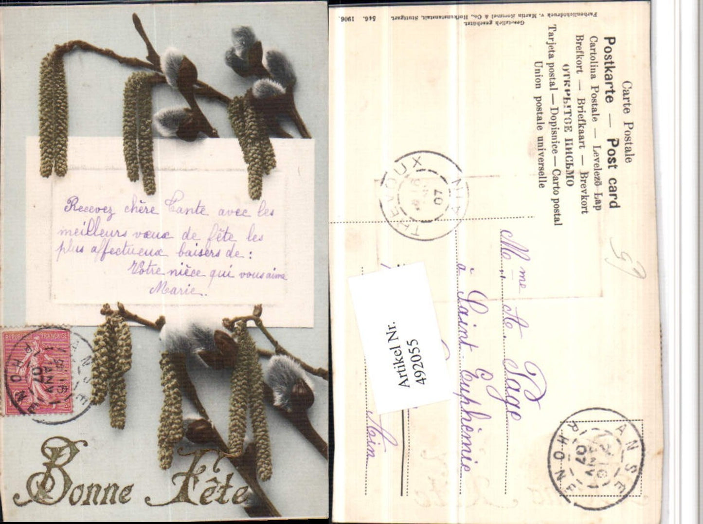 492055,Präge AK Bonne Fete Palmkätzchen Zweige