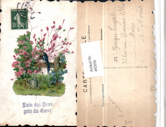 492056,Material Künstler AK Vögel Gießkanne Blumen