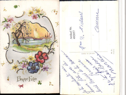 492057,Glitzer Künstler AK Bonne Fete Segelboot Blumen