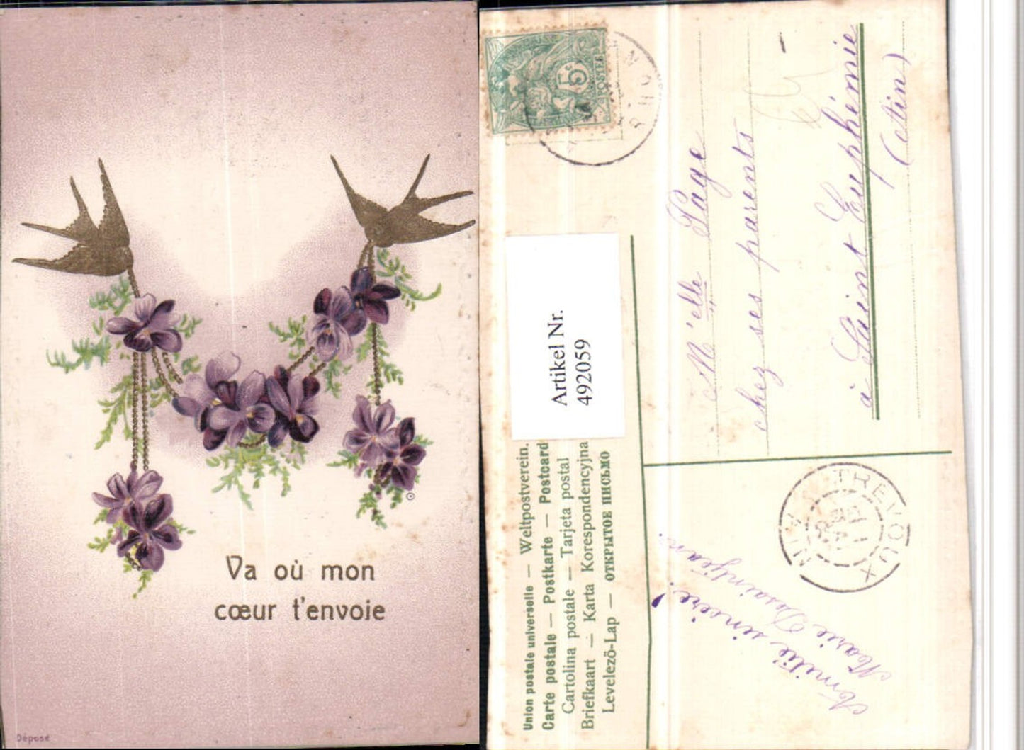 492059,Präge Künstler AK Schwalben Vögel Veilchen Blumen