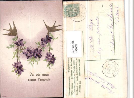 492059,Präge Künstler AK Schwalben Vögel Veilchen Blumen