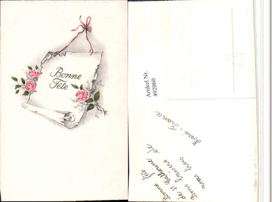 492060,Künstler AK Bonne Fete Schriftrolle Rosen