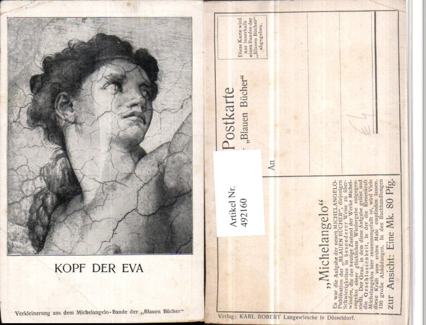 492160,Künstler AK Michelangelo Blaue Bücher Kopf der Eva Portrait