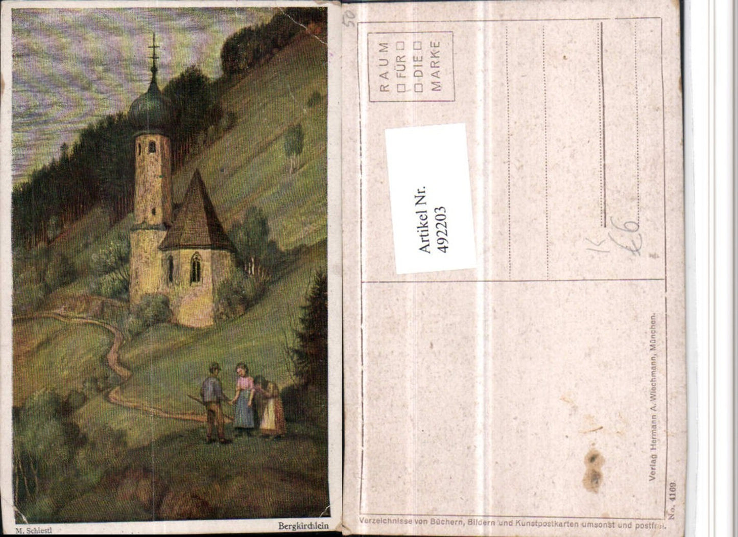 492203,Künstler AK M. Schiestl Bergkirchlein Kirche