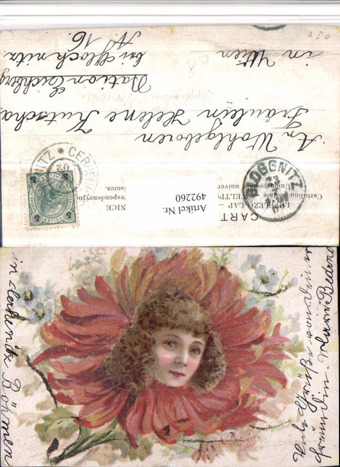 492260,Künstler AK Applikation Glasperlen Blume Mädchen Kopf