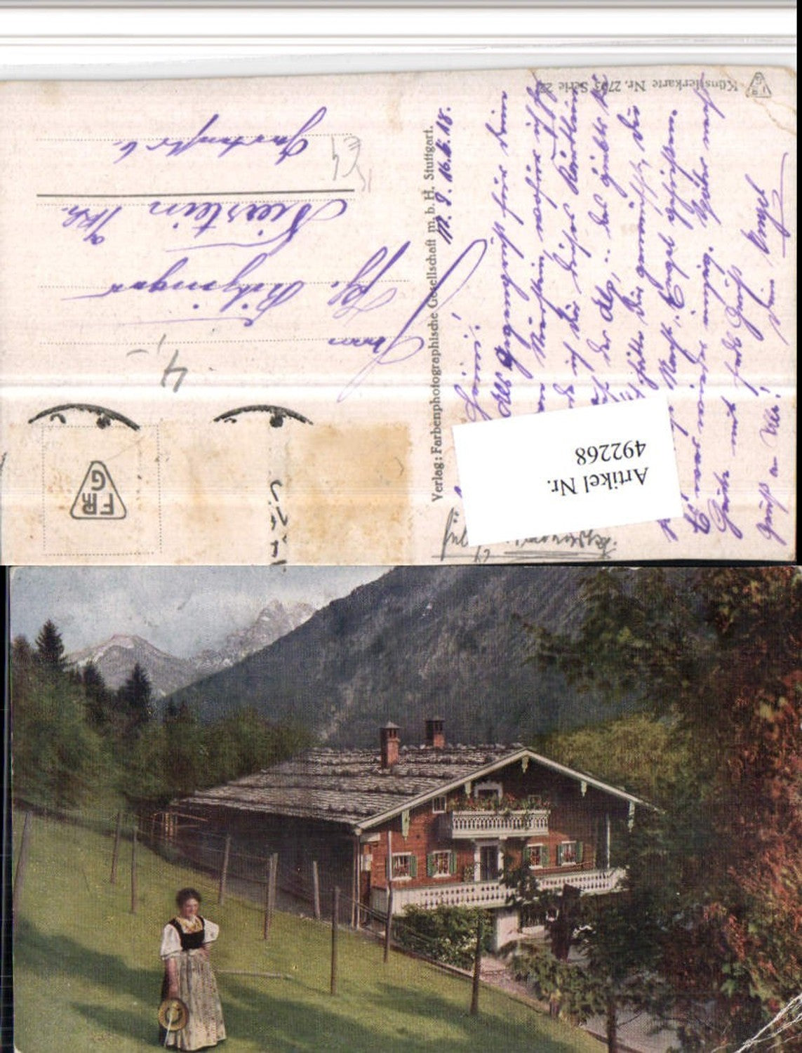 492268,Künstler AK Berghaus Haus Bergkulisse Frau Tracht