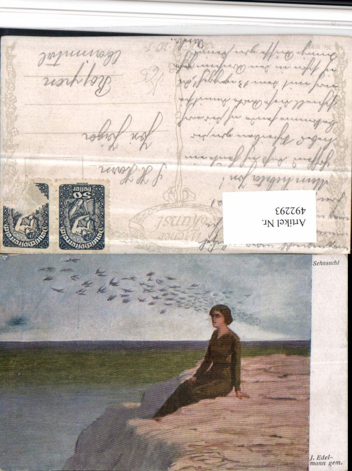 492293,Künstler AK J. Edelmann Sehnsucht Frau Küste Vögel pub B.K.W.I. 2098