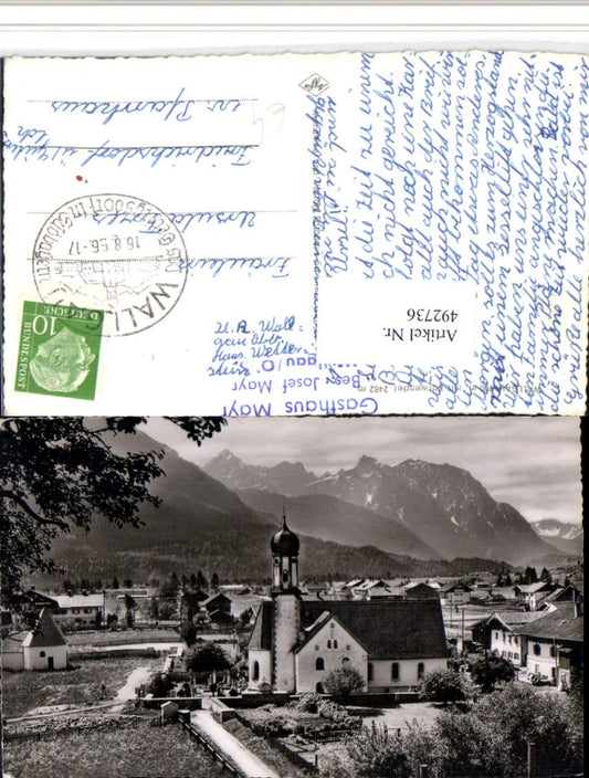 492736,Wallgau Teilansicht Kirche m. Karwendel Bergkulisse