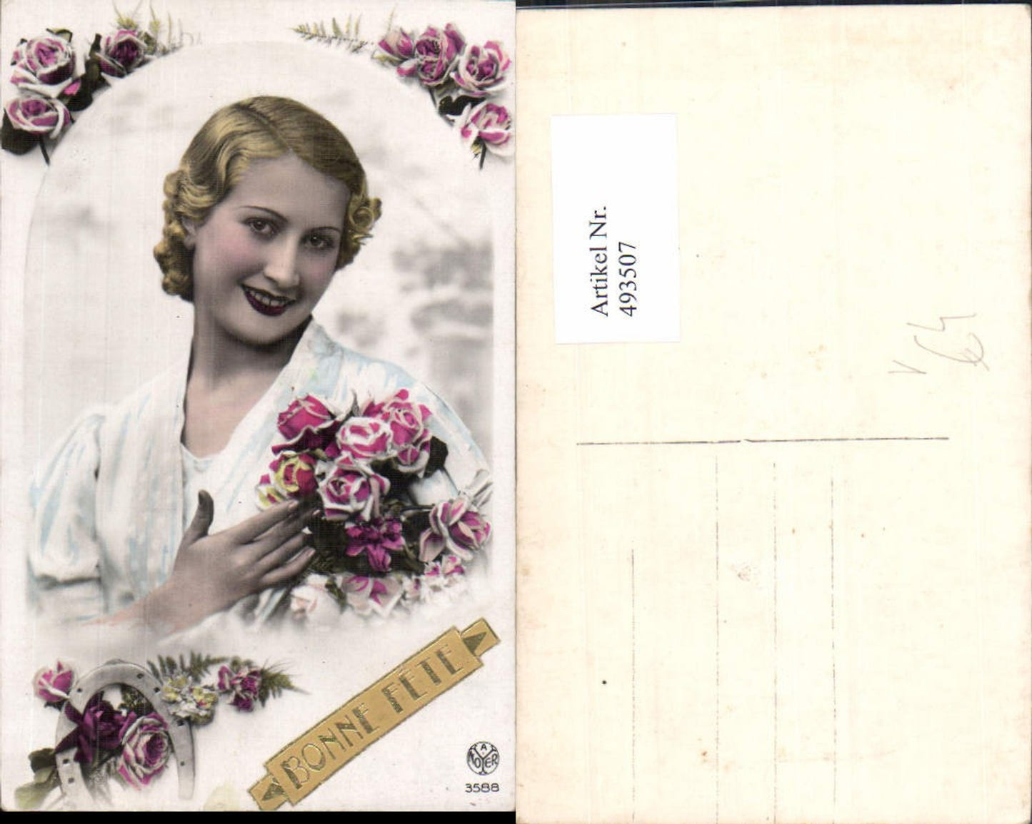 493507,Frau Blonder Lockenkopf Portrait Rosen Hufeisen Bonne Fete pub A. Noyer 3588