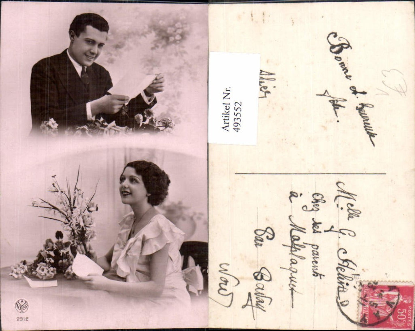 493552,Fotomontage Paar Liebe Liebesbrief Brief Lesen Blumen pub A. Noyer 2912