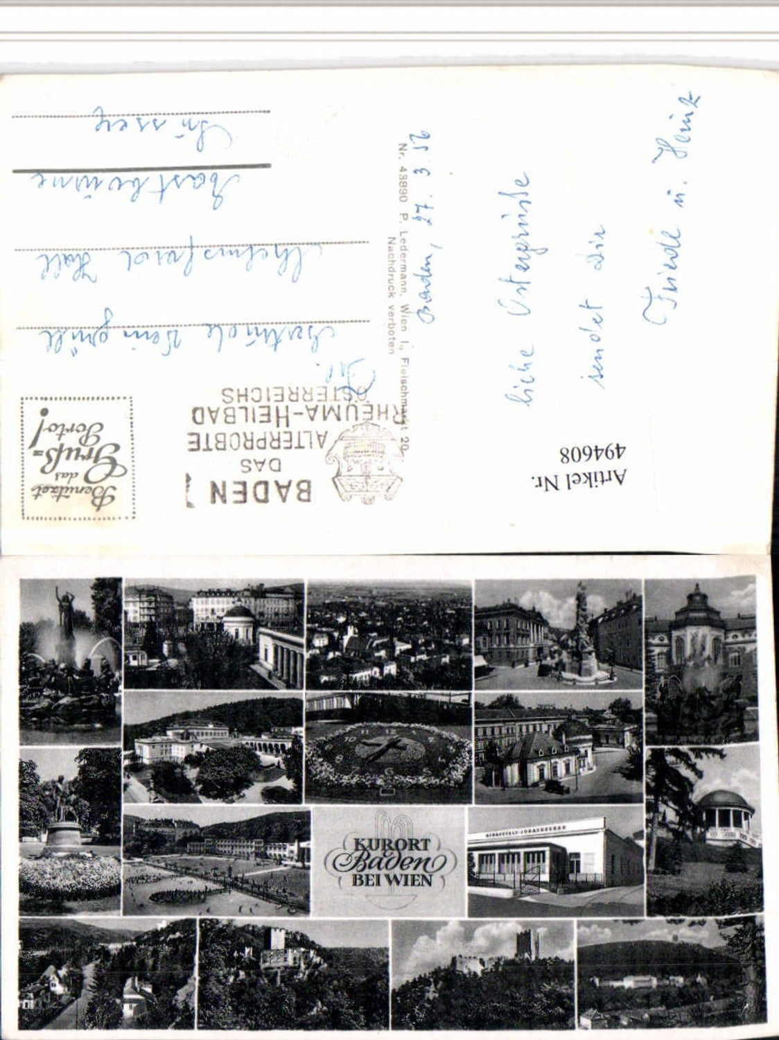 494608,Baden b. Wien Totale Brunnen Blumenuhr Ruinen Mehrbildkarte