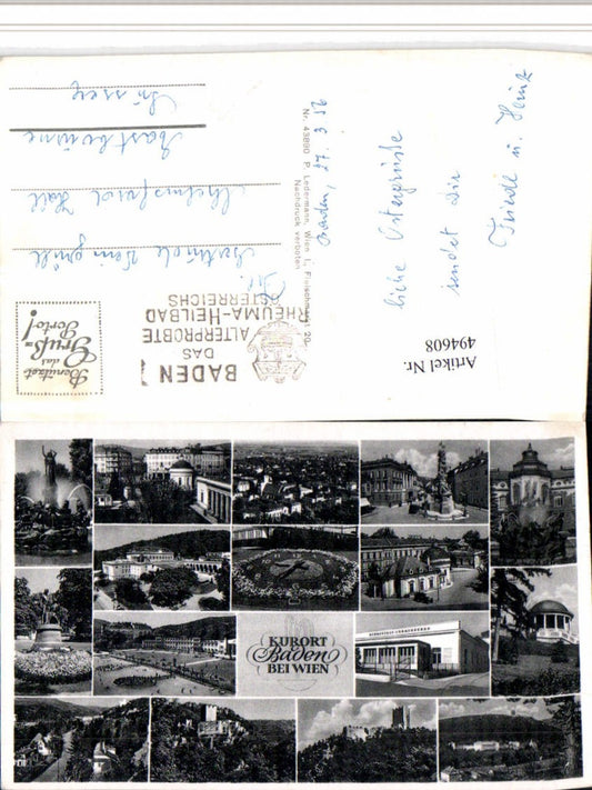 494608,Baden b. Wien Totale Brunnen Blumenuhr Ruinen Mehrbildkarte