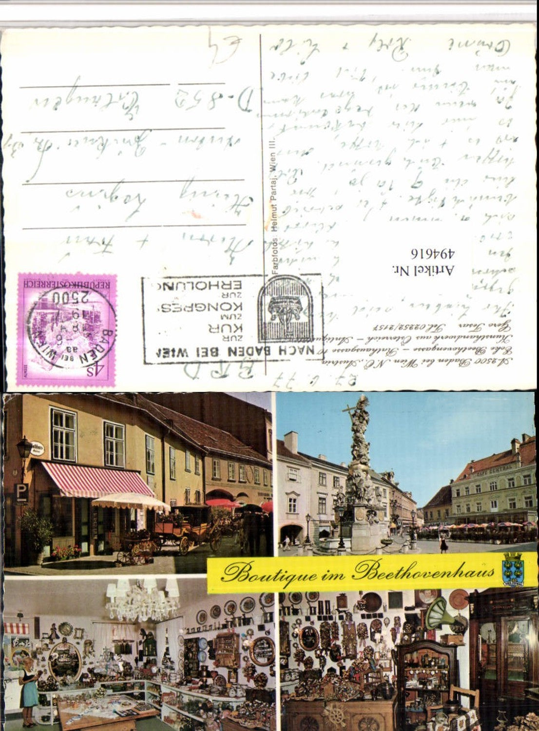 494616,Baden b. Wien Beethovenhaus Pestsäule Mehrbildkarte