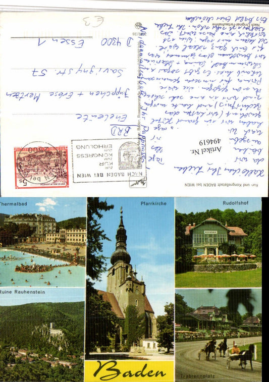 494619,Baden b. Wien Kirche Trabrennplatz Bad Ruine Mehrbildkarte