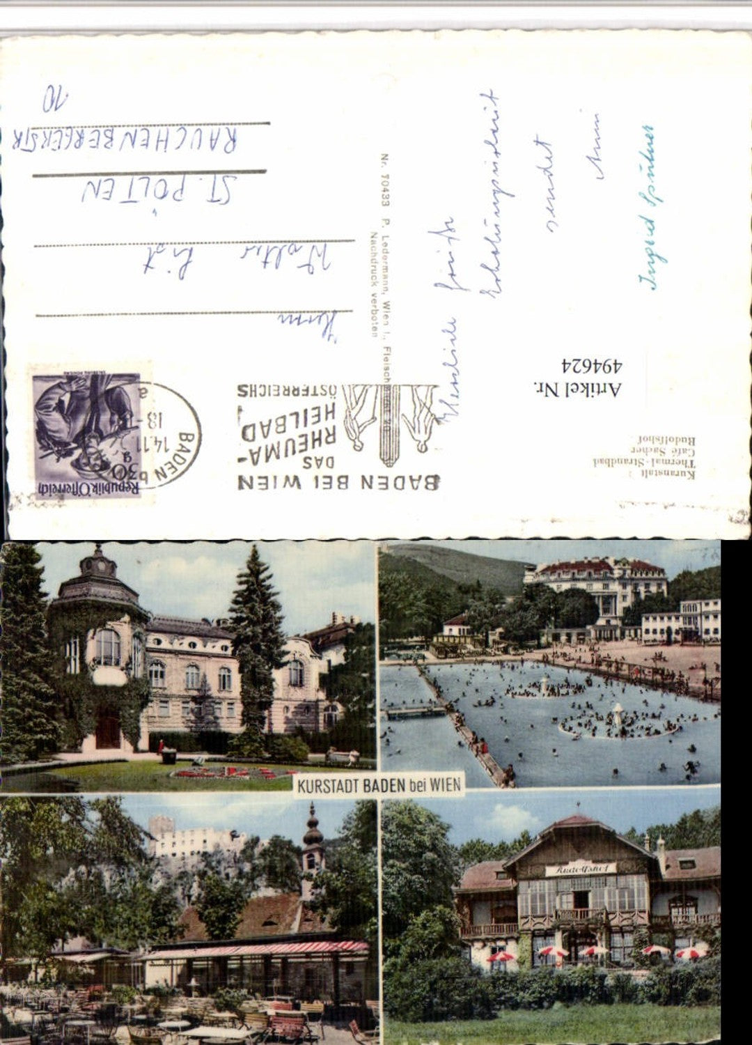 494624,Baden b. Wien Kurhaus Strandbad Rudolfshof Mehrbildkarte