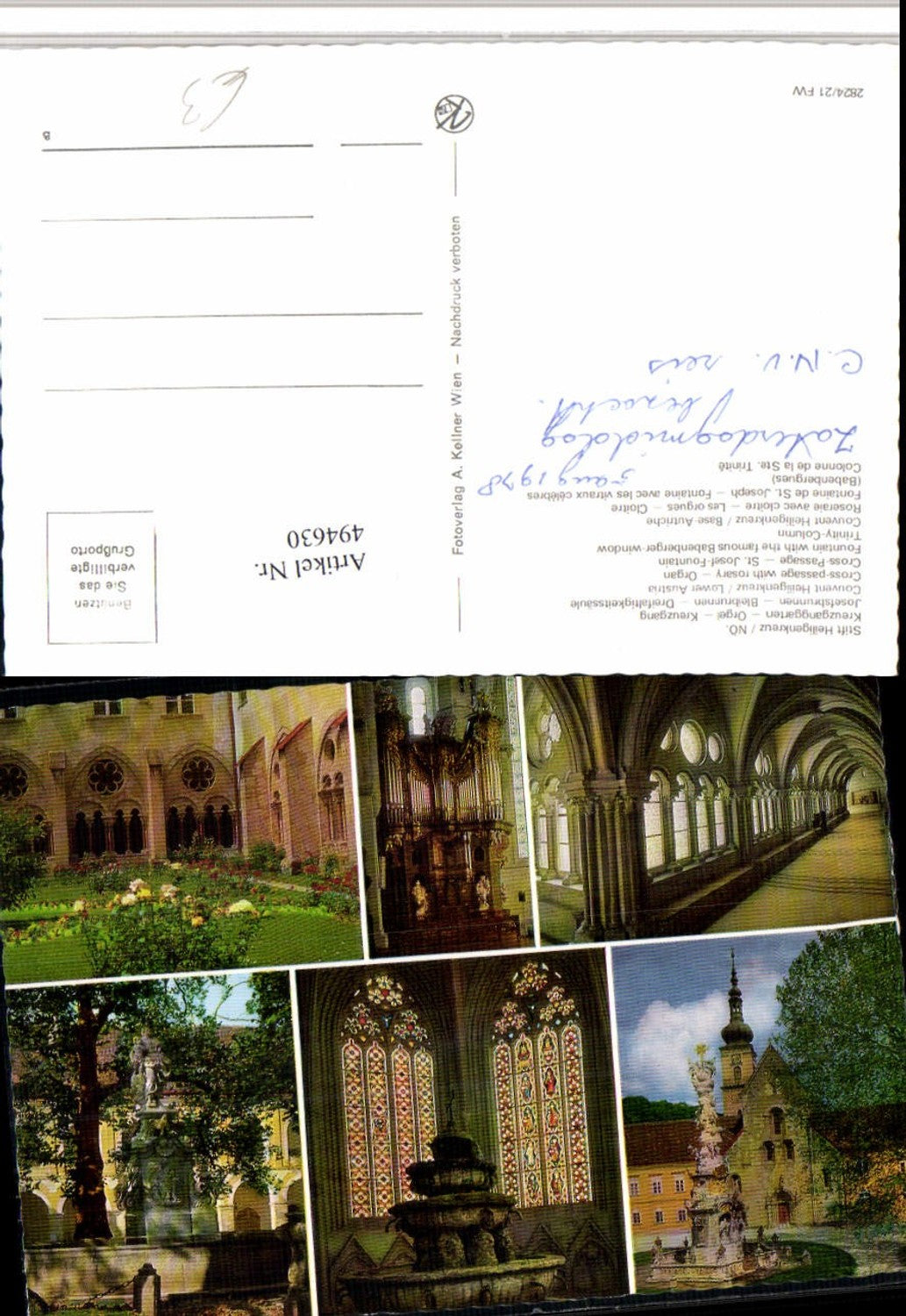 494630,Heiligenkreuz Stift Kreuzgang Orgel Bleibrunnen Pestsäule Mehrbildkarte