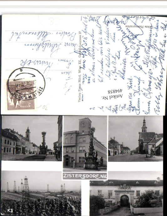 4947858,Zistersdorf Pestsäule Kirche Strommast Mehrbildkarte