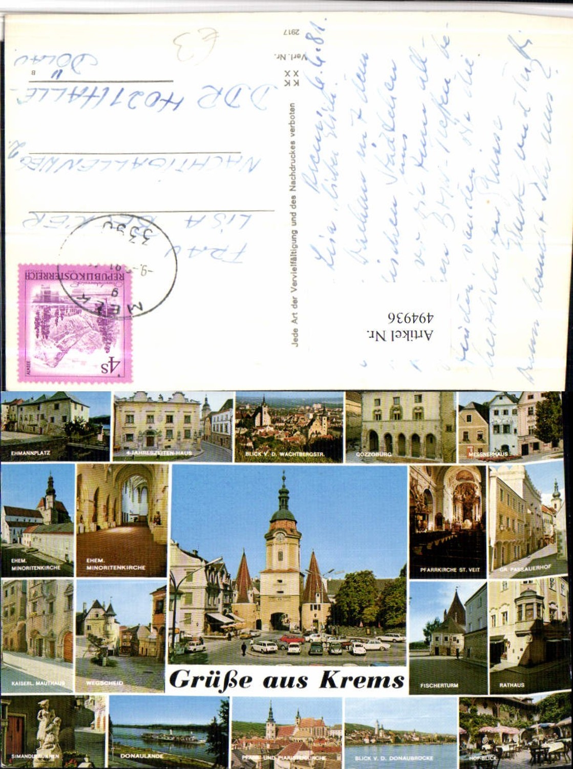 4947936,Krems an d. Donau Totale Kirche Rathaus Fischerturm Mehrbildkarte