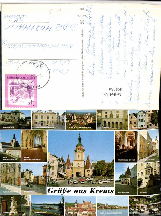 4947936,Krems an d. Donau Totale Kirche Rathaus Fischerturm Mehrbildkarte