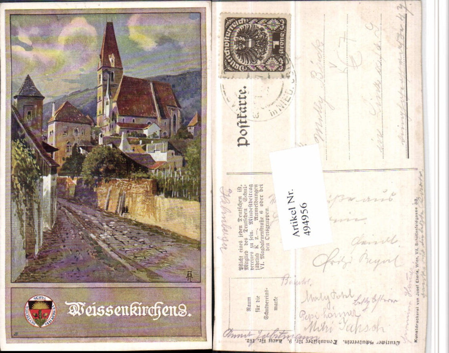 4947956,Künstler AK A. Reckziegel Weißenkirchen Kirche pub Dt. Schulv. 162