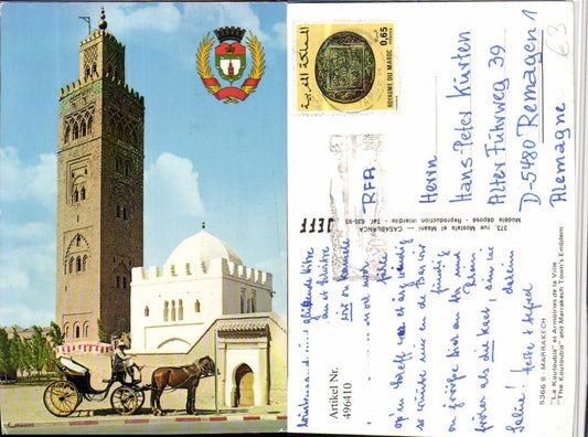 496410,Morocco Marrakech Marrakesch Koutoubia Armoiries de la Ville Kutsche Turm