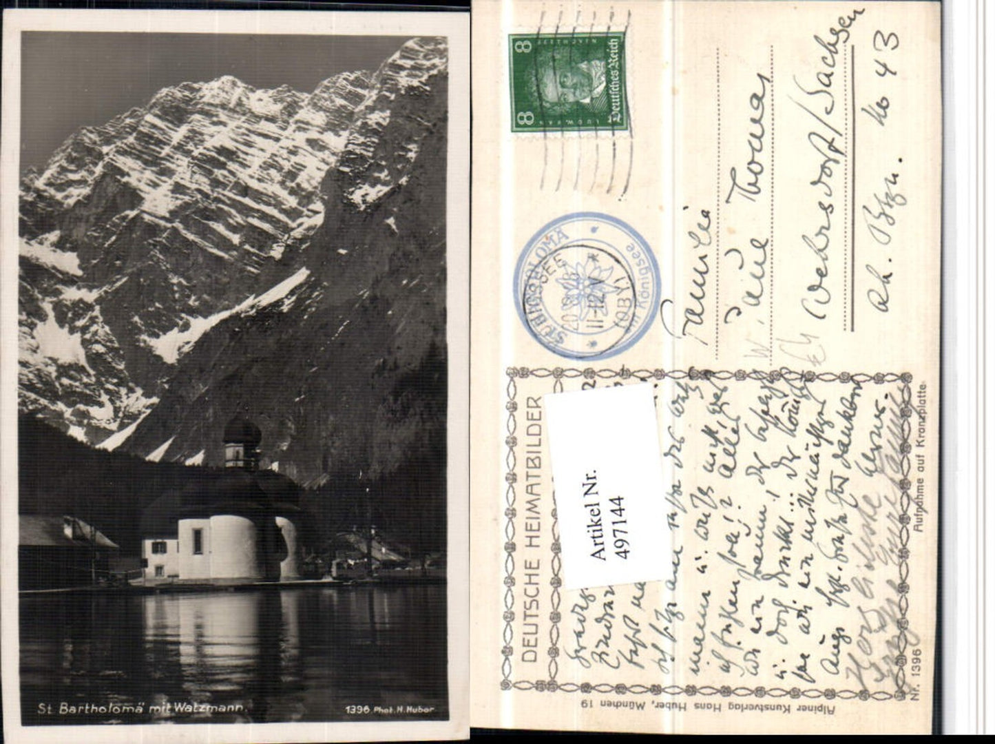 497144,St. Bartholomä Kirche b. Schönau m. Watzmann pub Huber 1396