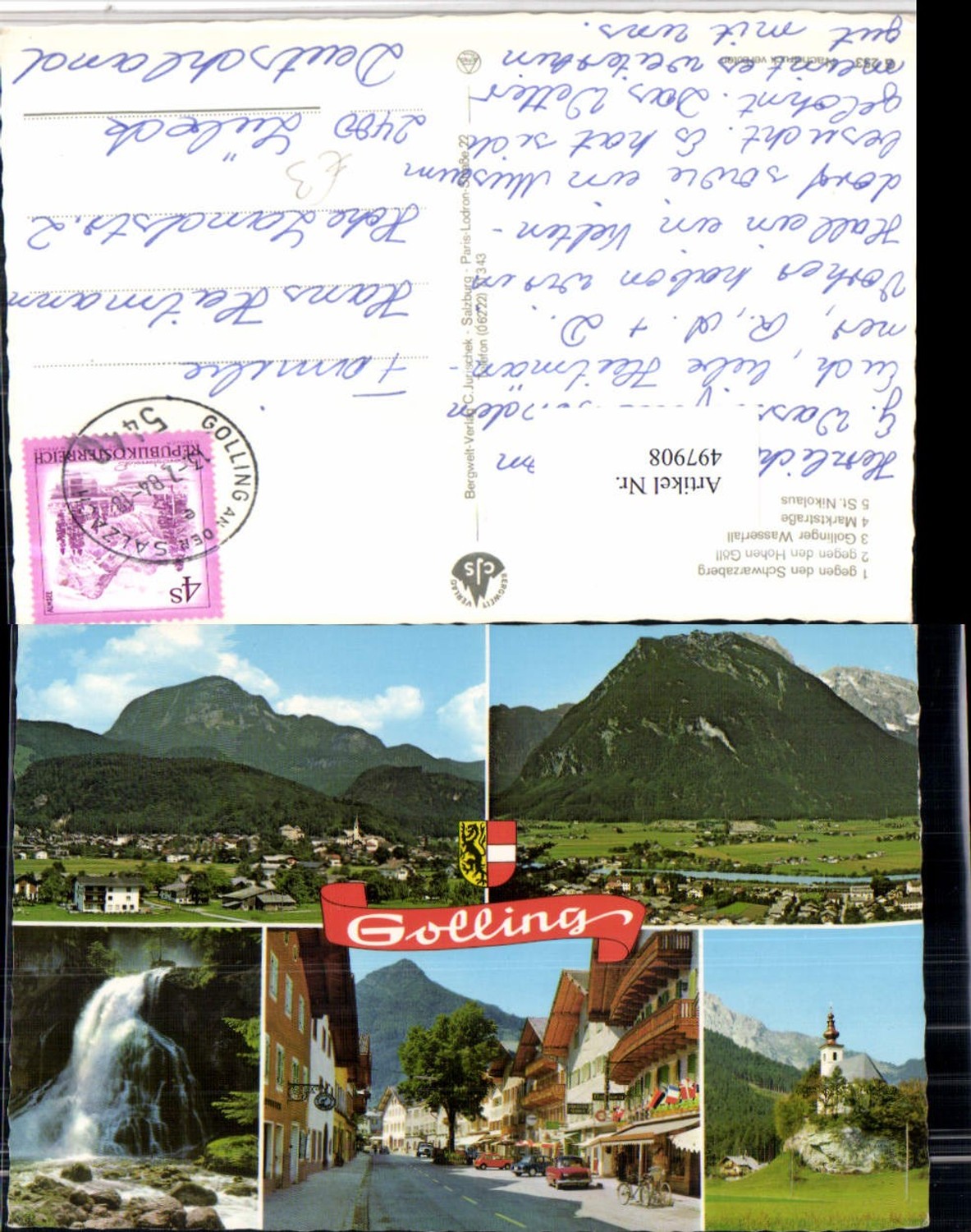 497908, Golling Total street view Church Waterfall Multi-view postcard