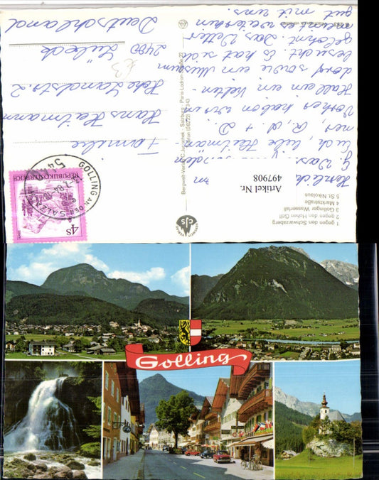 497908,Golling Totale Straßenansicht Kirche Wasserfall Mehrbildkarte