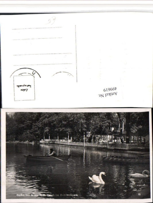499619,Baden b. Wien Teich im Doblhoffpark Schwäne Ruderboot