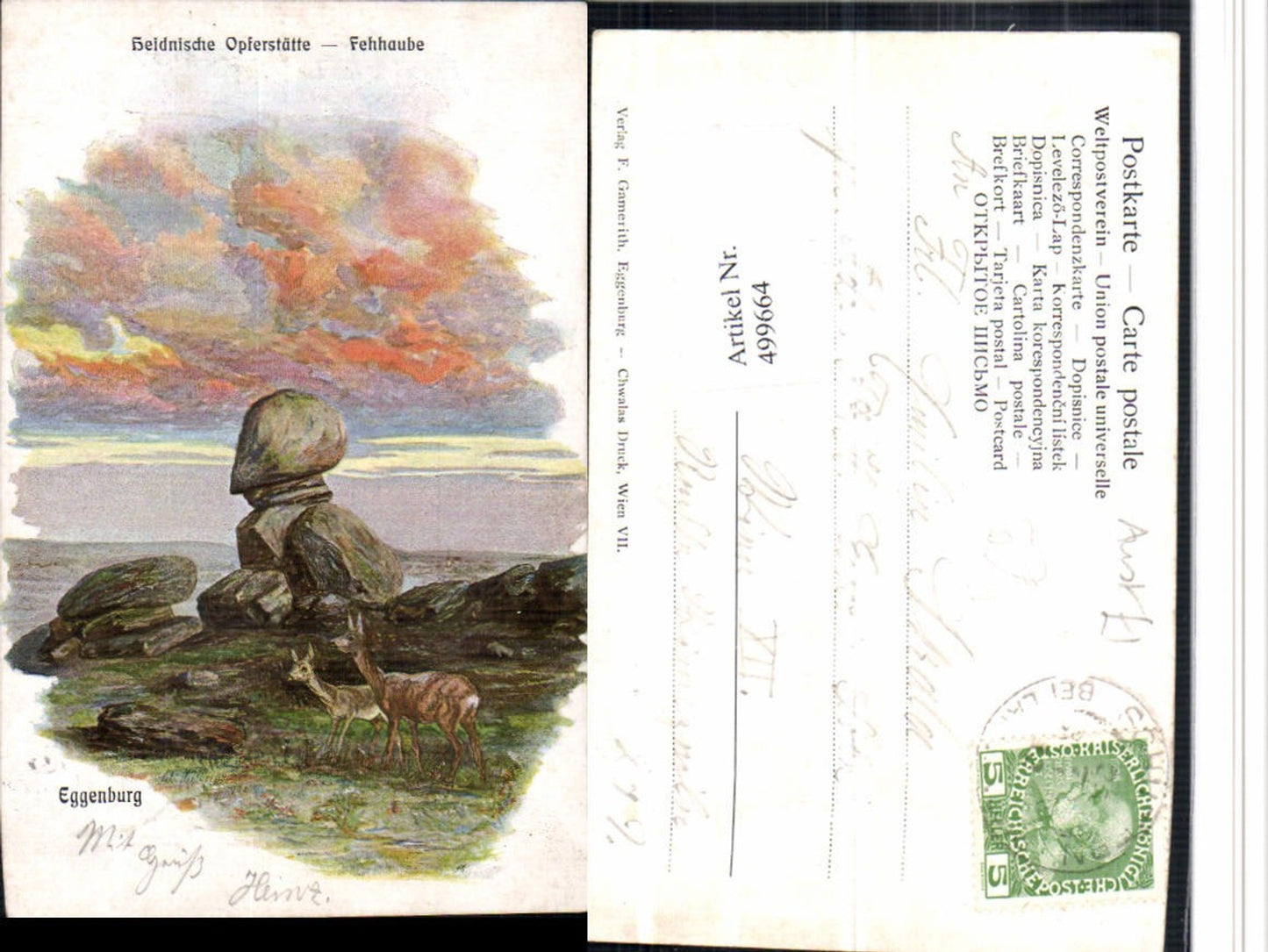 499664,Künstler AK Eggenburg Heidnische Opferstätte Fehhaube Rehe