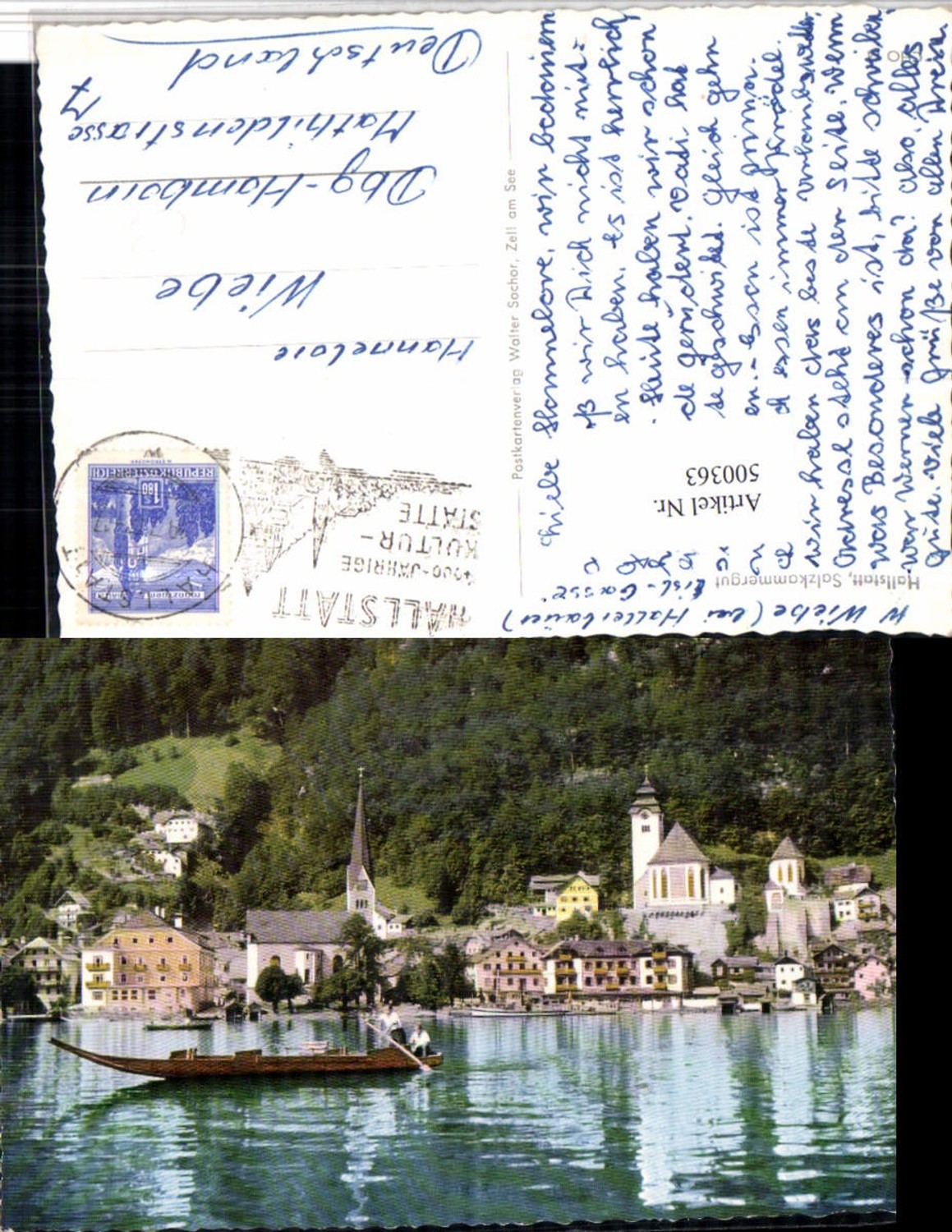500363,Hallstatt am See Teilansicht Kirchen Zille Boot