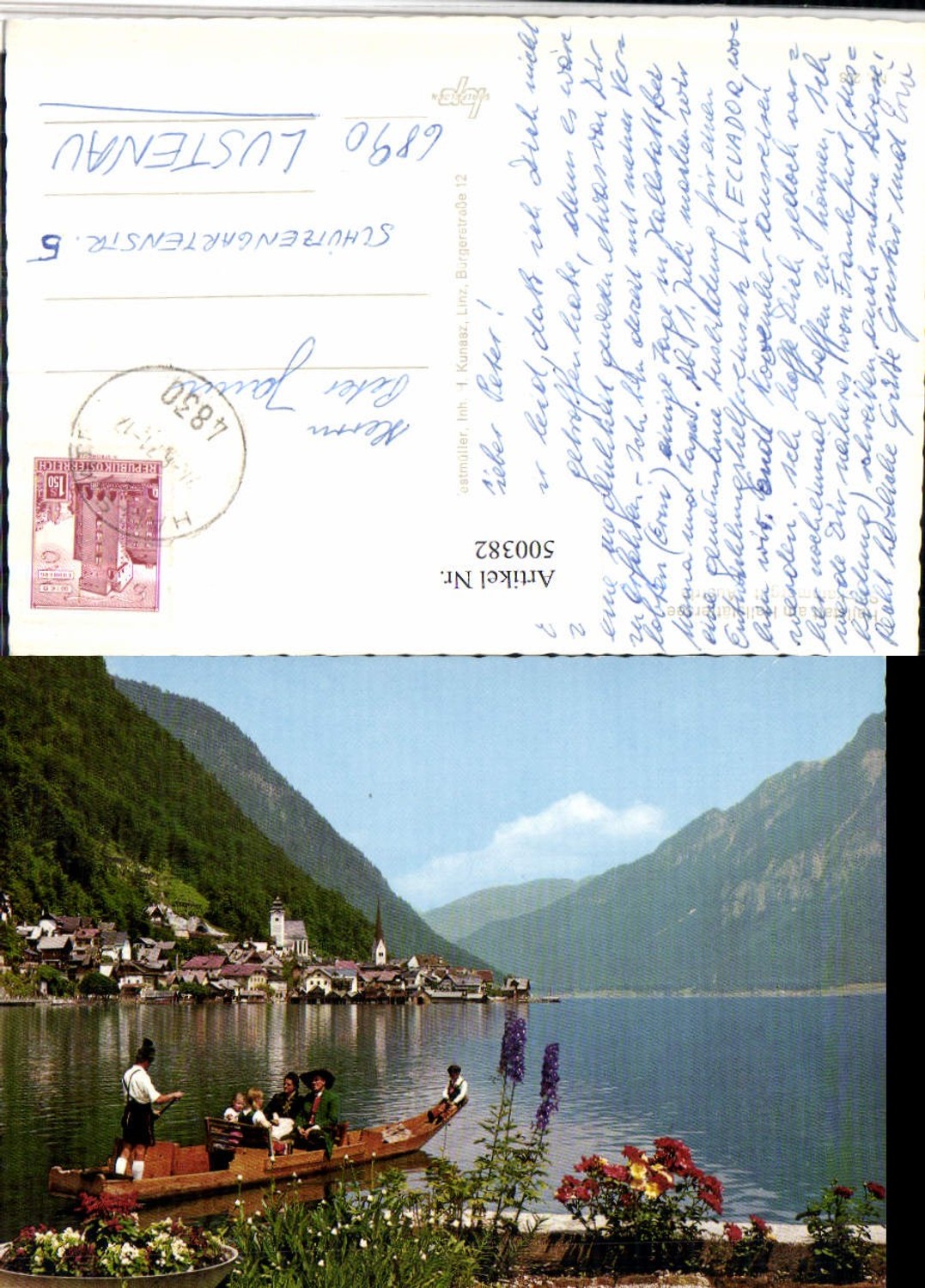 500382,Hallstatt am See Teilansicht Zille Boot Bergkulisse