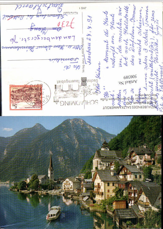 500389,Hallstatt am See Teilansicht Kirchen Bergkulisse