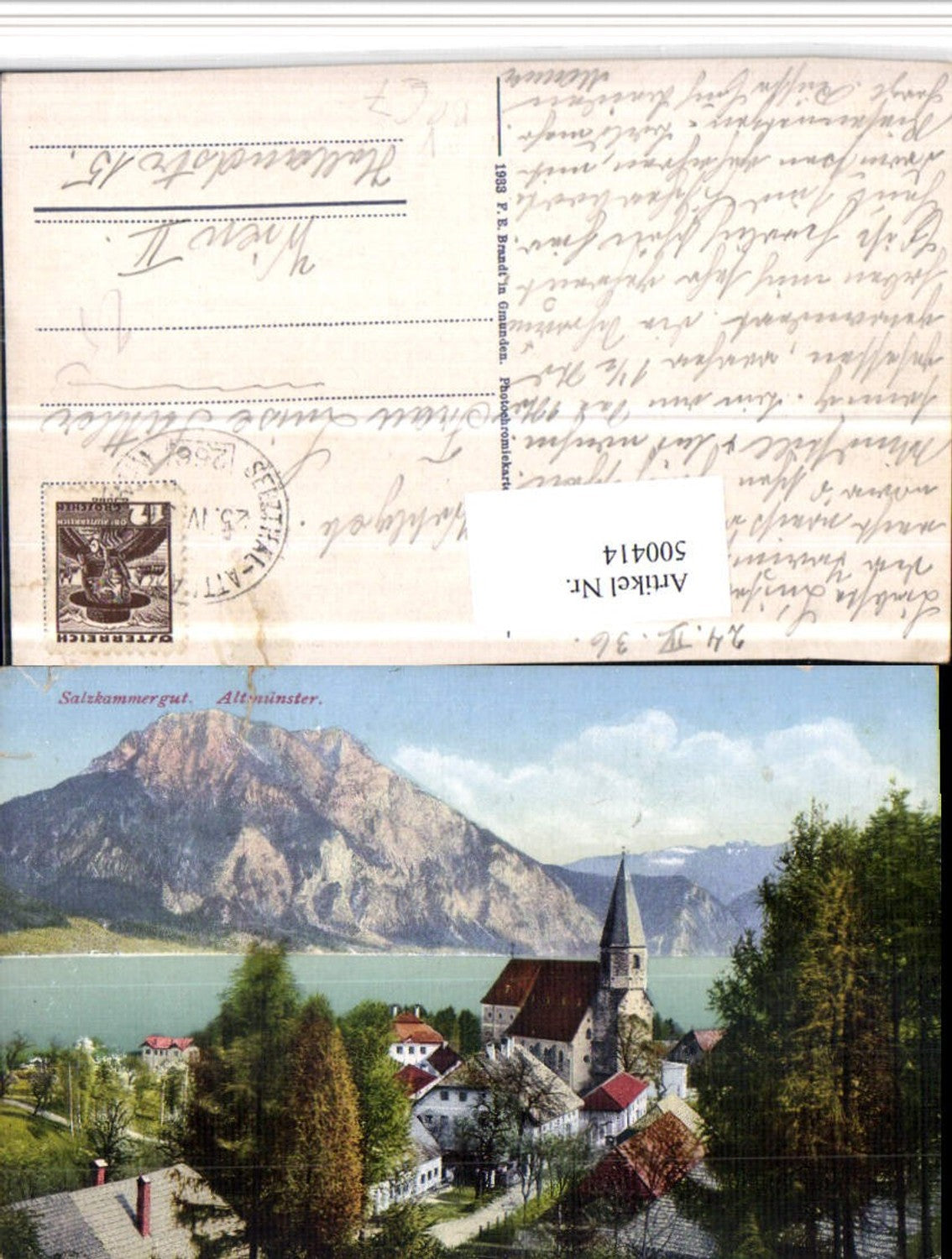 500414,Altmünster Kirche Bergkulisse Bahnpost Zug 266 Selzthal pub Brandt 1203