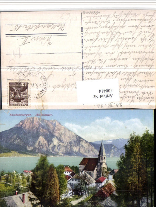 500414,Altmünster Kirche Bergkulisse Bahnpost Zug 266 Selzthal pub Brandt 1203