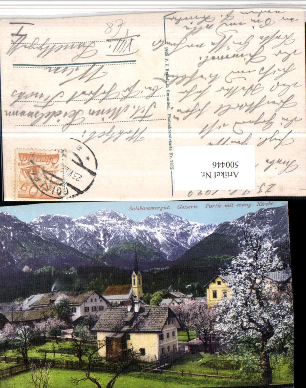 500446,Goisern Teilansicht m. Evangelischer Kirche Bergkulisse pub Brandt 1372