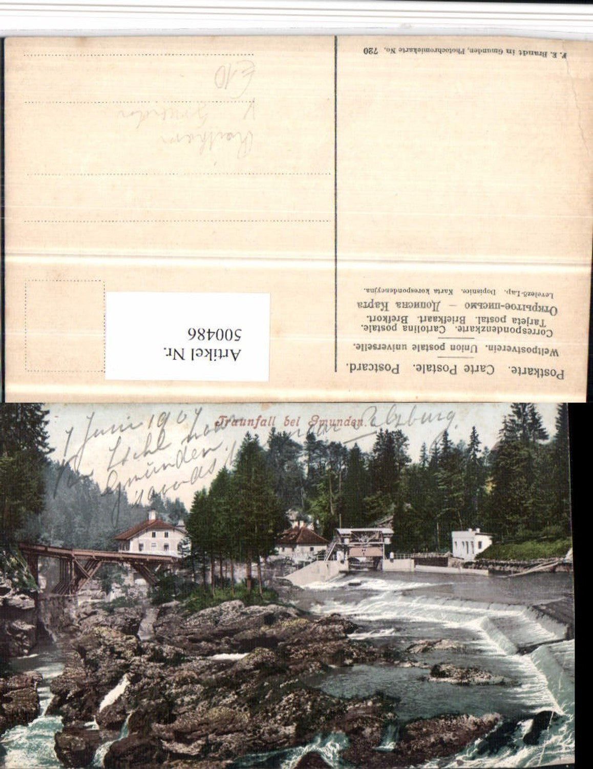 500486,Traunfall Wehr Brücke b. Roitham Gmunden pub F.E. Brandt 720