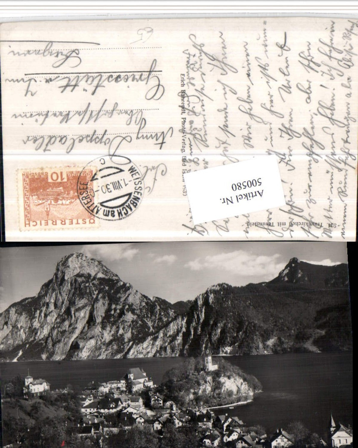 500580,Traunkirchen Totale m. Traunstein Bergkulisse