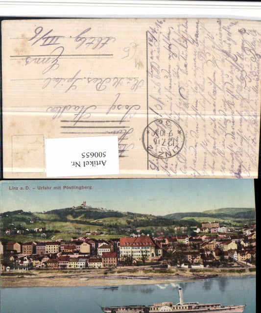 500655,Linz an d. Donau Urfahr Teilansicht m. Pöstlingberg Dampfer
