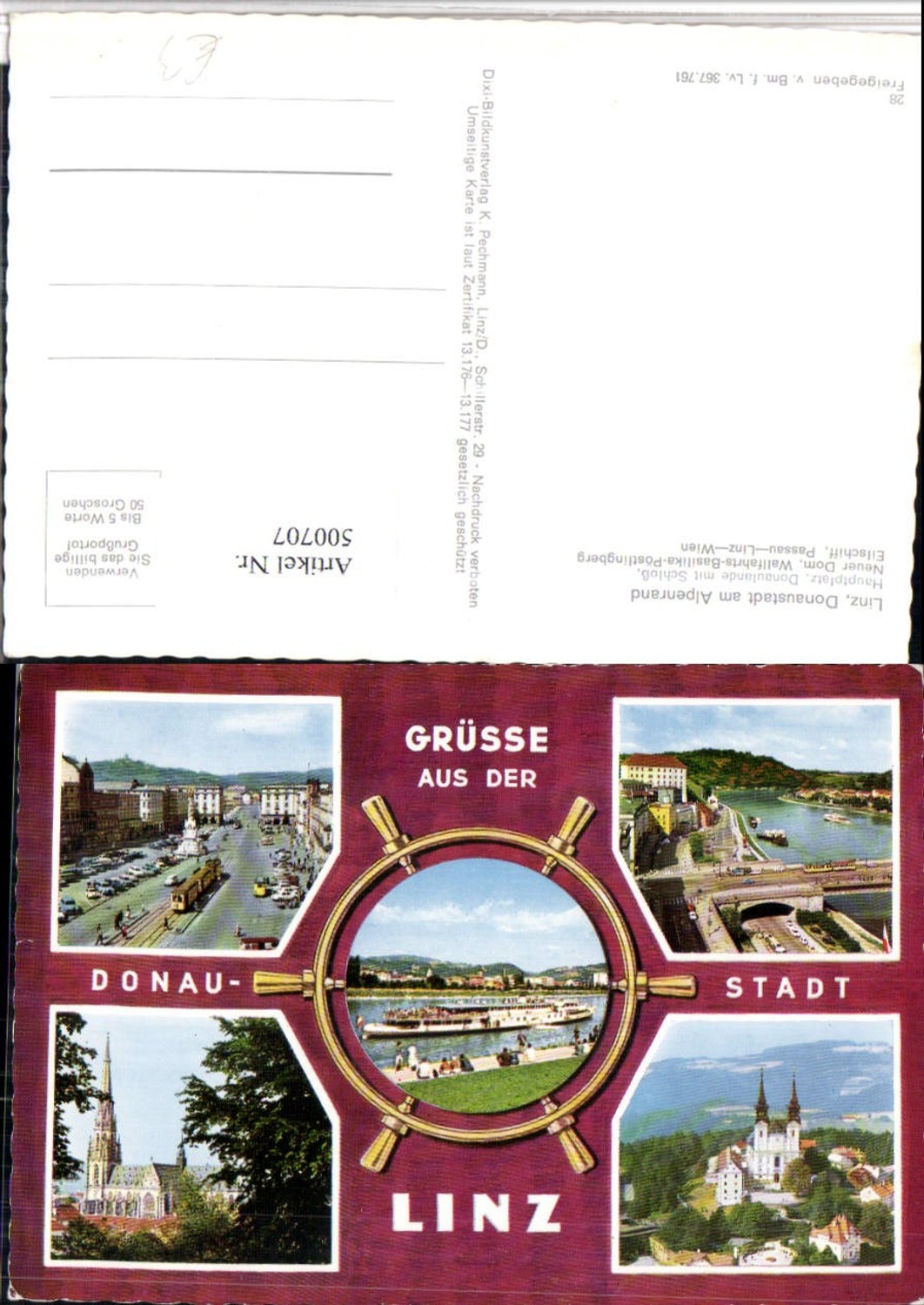 500707,Linz an d. Donau Hauptplatz Dom Pöstlingberg Dampfer Mehrbildkarte