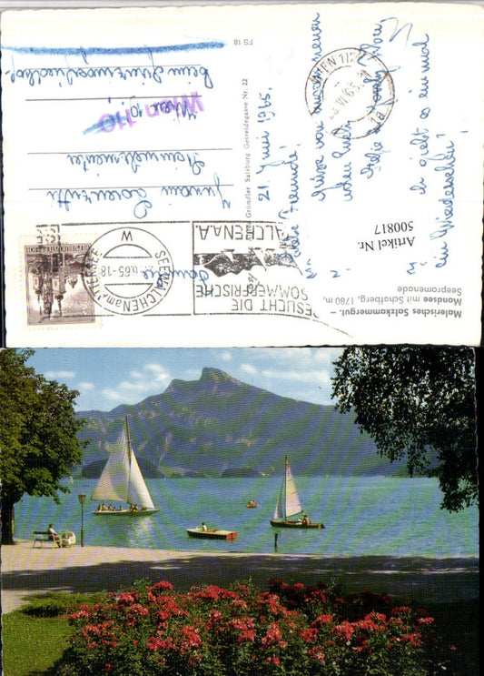 500817,Mondsee Seepromenade m. Schafberg Segelboote Bergkulisse