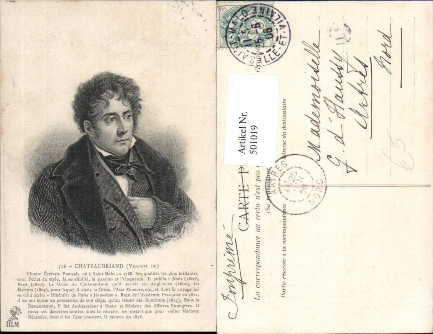 501019,Künstler Ak Ecrivain Francais Vicomte de Chateaubriand Adel Monarchie