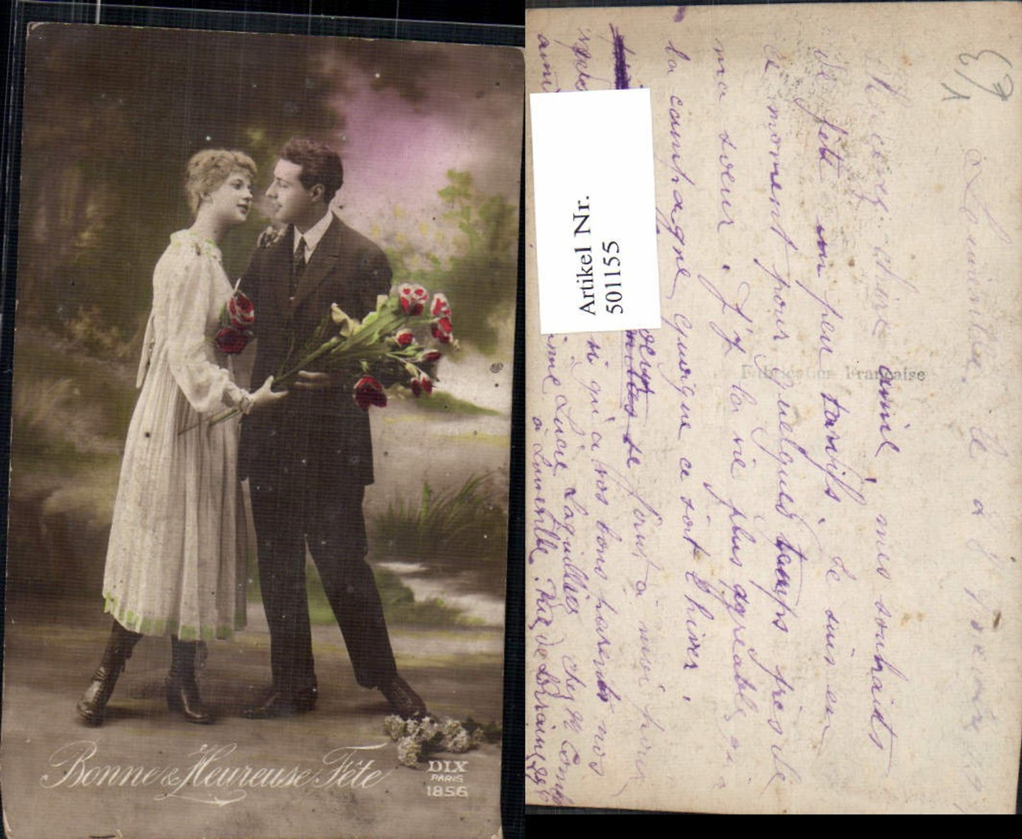 501155,Paar Liebe Verliebter Blick Blumen Strauß Bonne Heureuse Fete pub DIX 1856