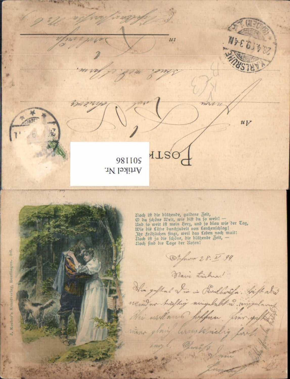 501186,Künstler Ak Paar Liebe Hund Umarmung Spruch Text pub J. Kocher Reutlingen 102
