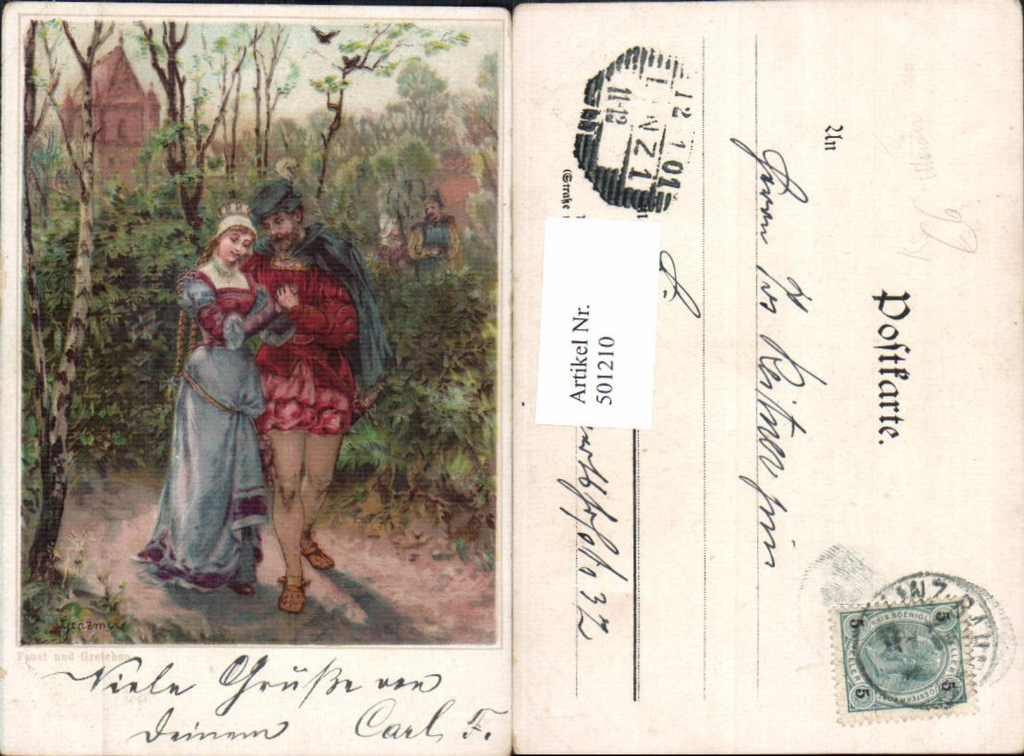 501210,Künstler Ak Genzmere Faust u. Gretchen Paar Liebe Händchenhalten