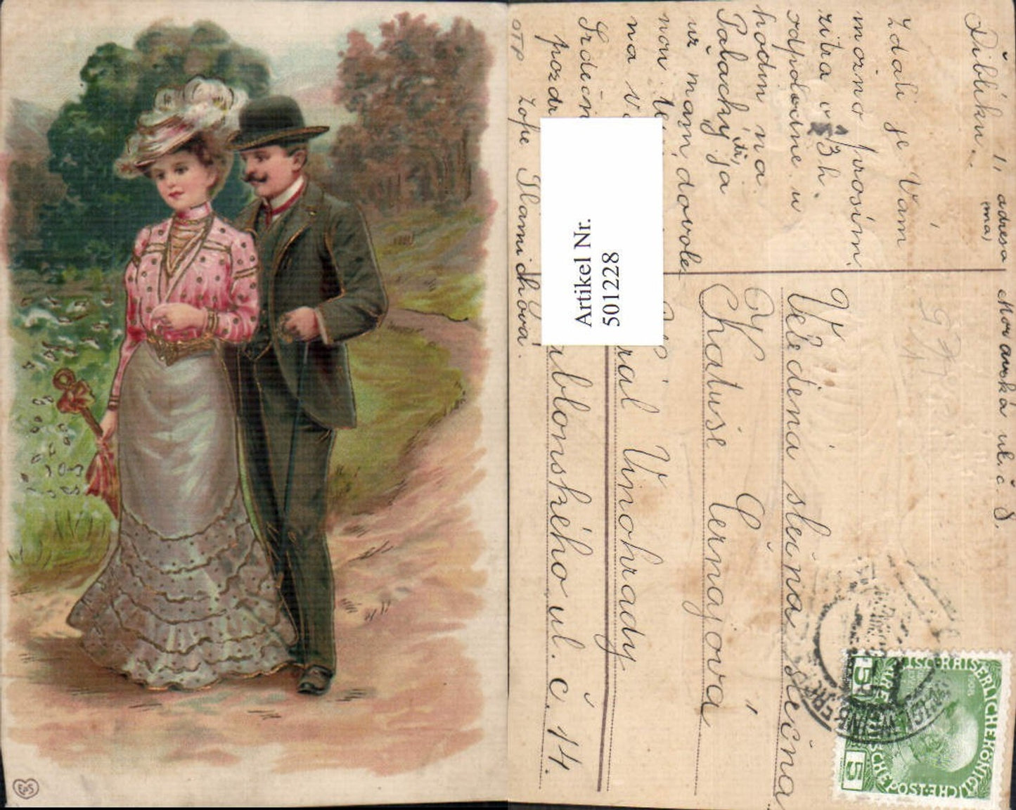501228,Präge Litho Paar Liebe Spaziergang Landschaft pub EAS